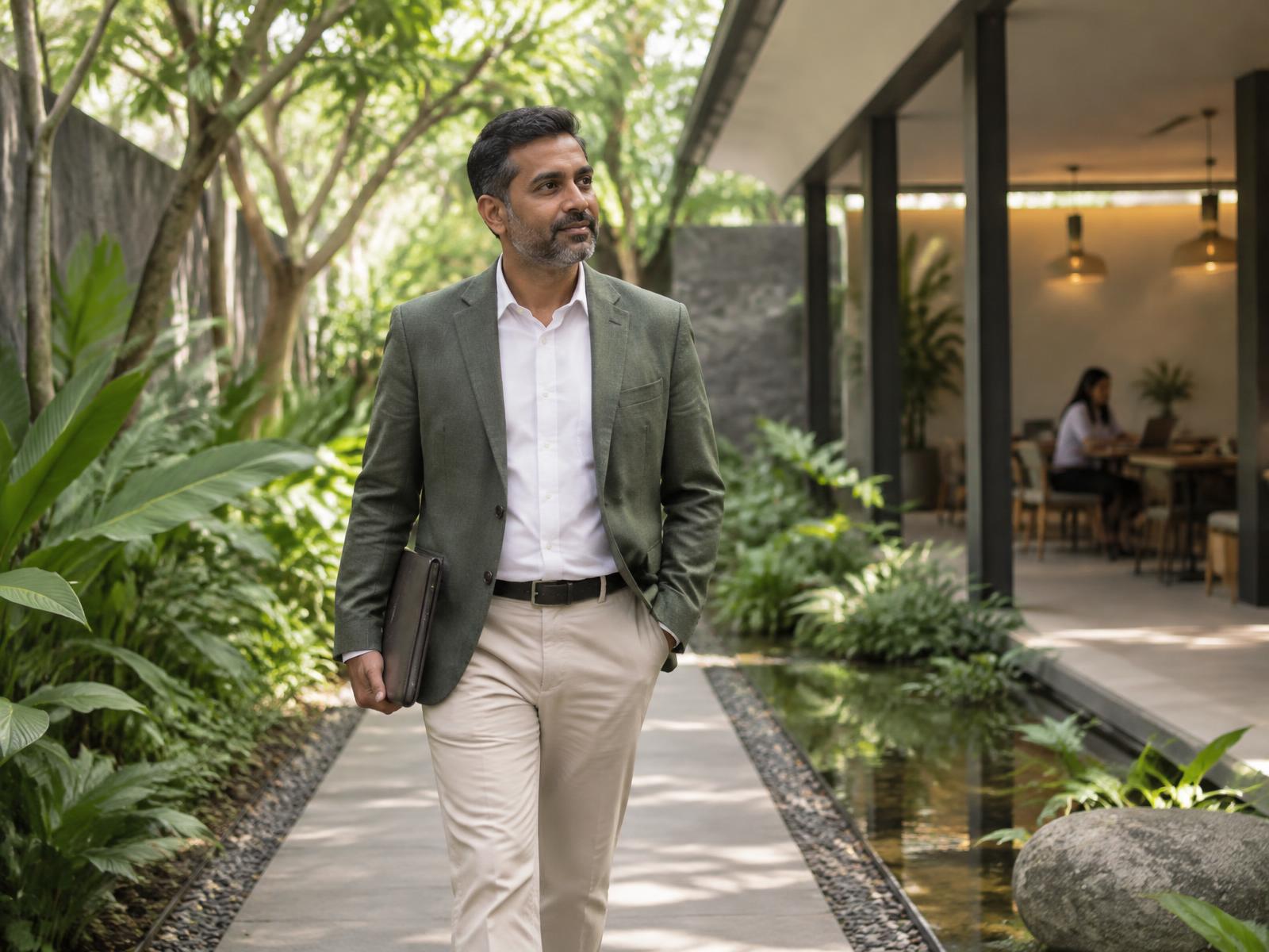 Professional taking a restorative walk through a peaceful garden workspace