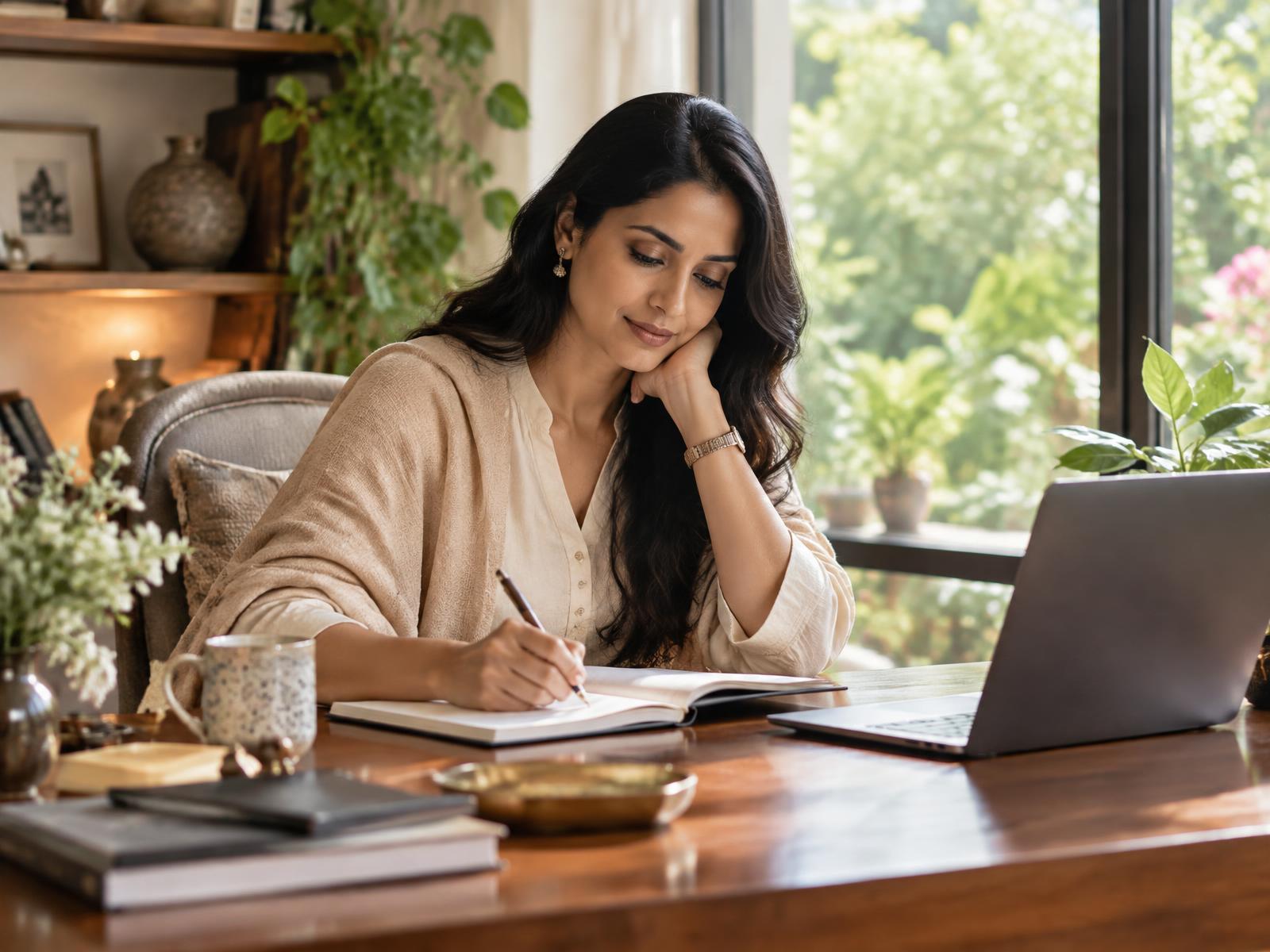 Professional reflecting through guided journaling in a calm nature-connected workspace