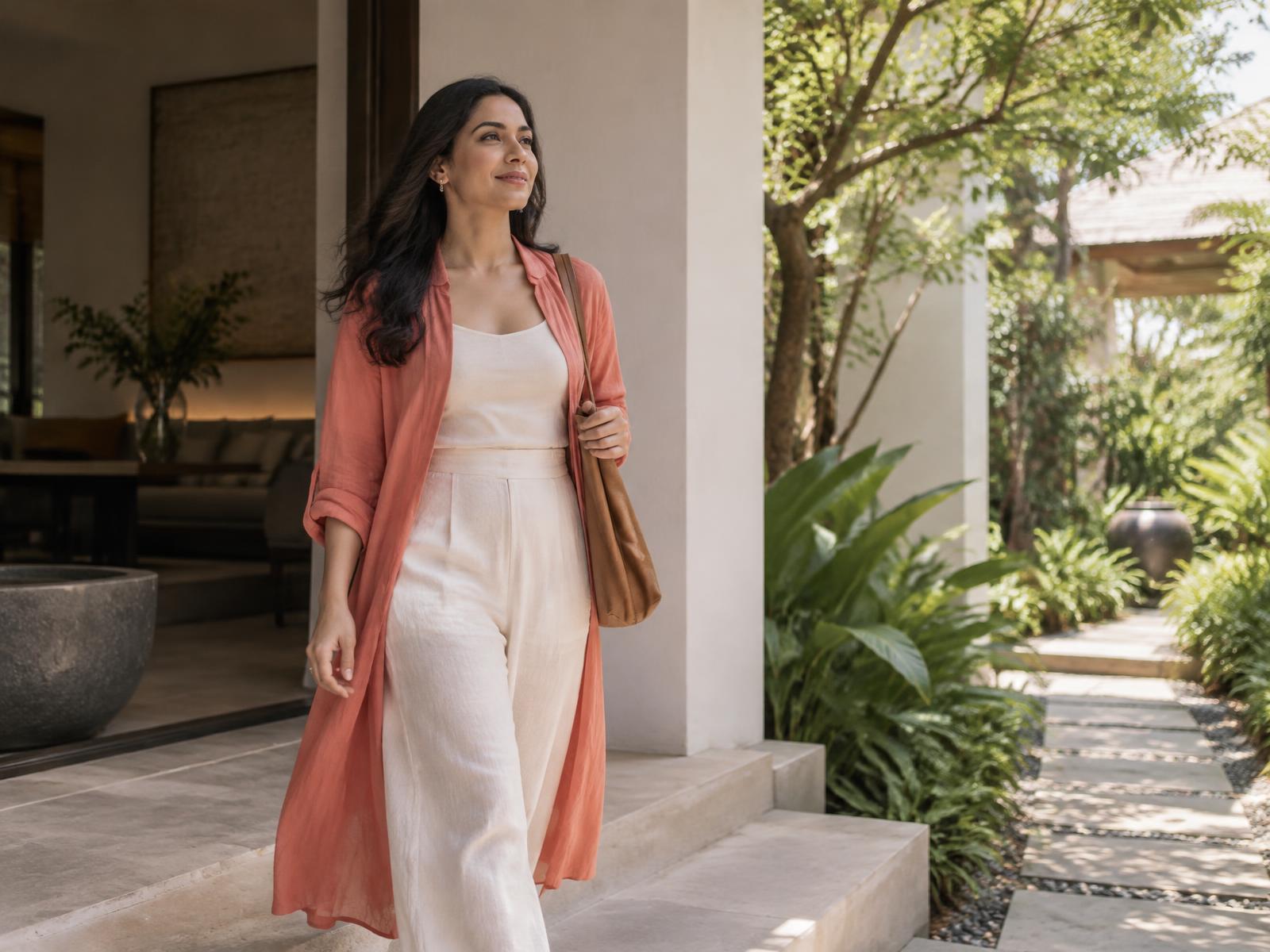 Professional moving toward a sunlit garden path with calm confidence